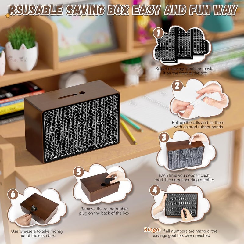 Gomyrod Wooden Money Saving Box, Cash Vault Savings Box for $10000 $5000 $3000 $1000 $800 $500 Target Money Saving Challenge, Reusable Money Box with Counter, Dry Erase Pen/Savings Trackers/Rubber Band-Brown - Image 5